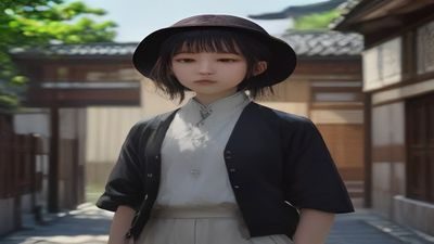 国风私拍外景，模特身着红色汉服站在古典园林回廊前，秋日光线透过廊柱洒落，画面构图对称